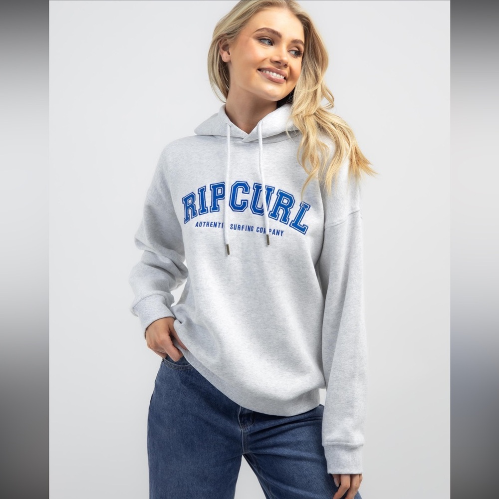 Rip Curl Varsity Hoodie Fleece Light Gray Hoodie with Blue Logo size small